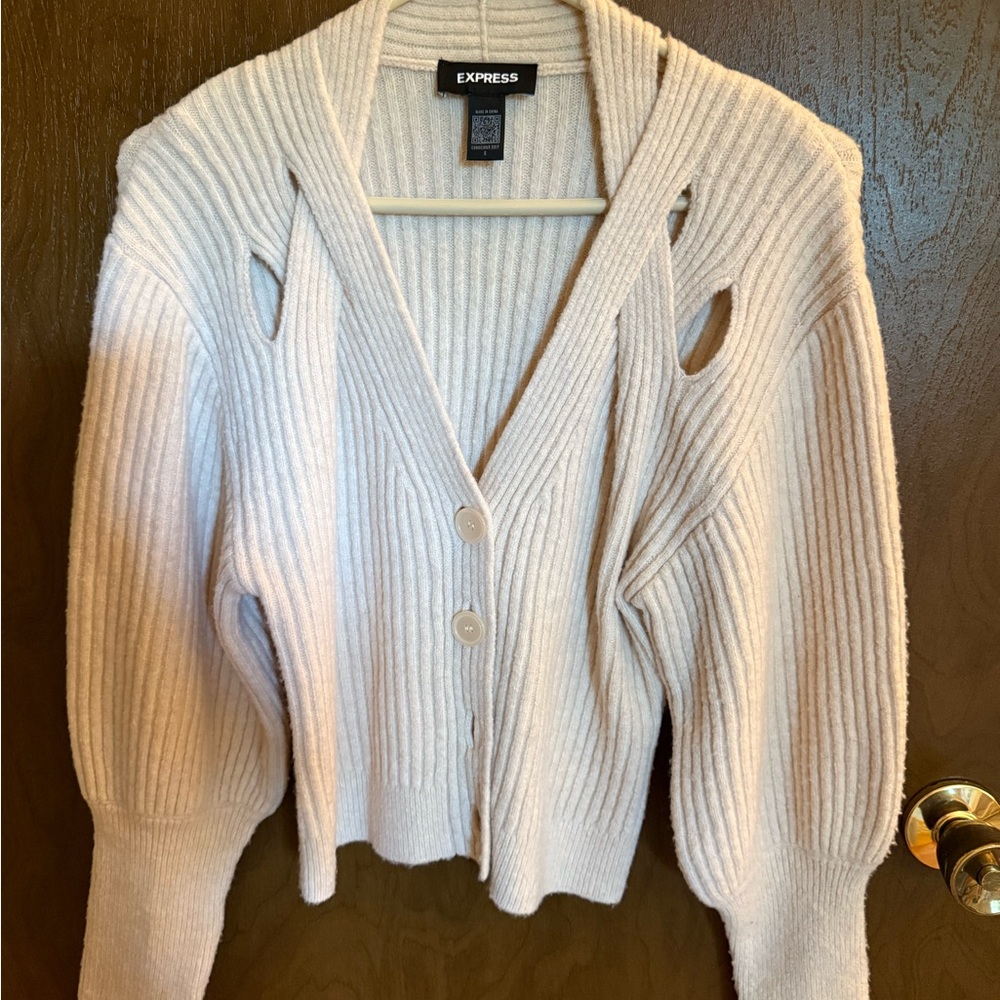 Express Cream Cardigan Sweater with Balloon Sleeves